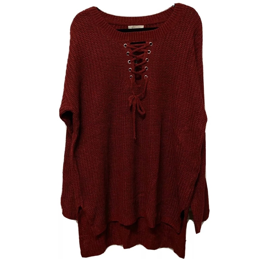 Wine Red Tie-Front Tunic Length Sweater, 2X/3X